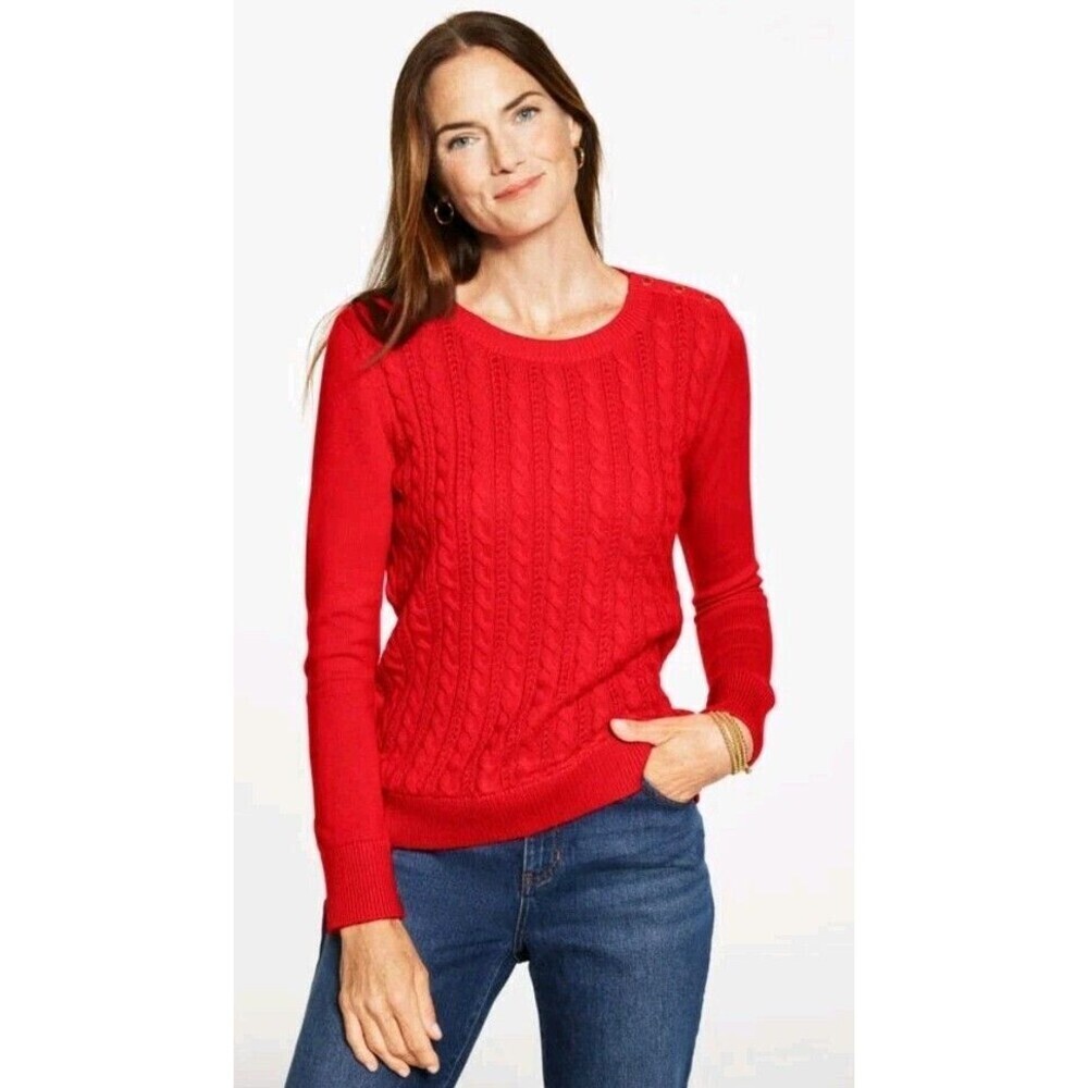 Talbots Size XL Cable Knit Red Women's Sweater Fisherman Buttons Details Holiday